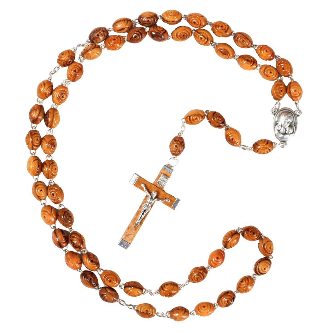 Rosenkranz mit dekorierten Perlen aus Olivenholz-0