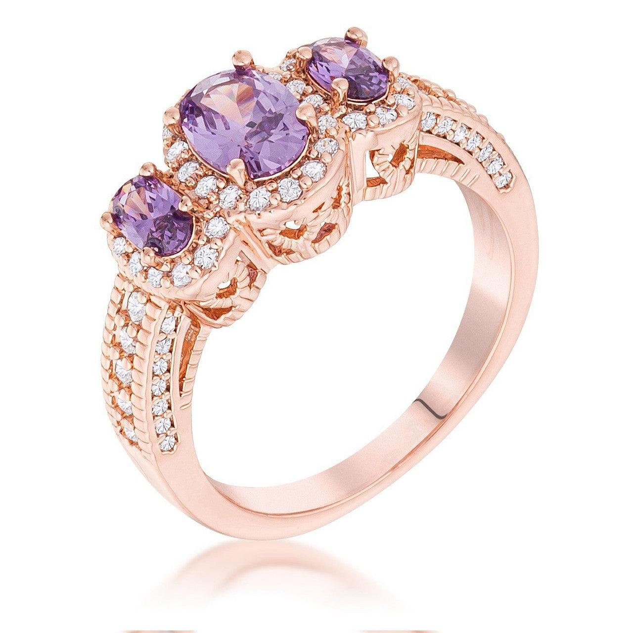 Rose Gold Plated 3-Stone Amethyst Oval Cut CZ Halo Ring-0